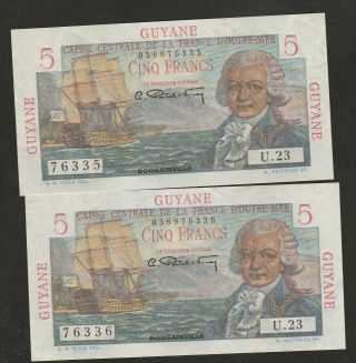 Km 19.  A 1947/49 Guyana 2 Cons.  Ser 5 Franc Notes Unc