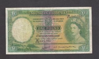 1 Pound Vg Banknote From British Southern Rhodesia 1955 Pick - 17 Rare