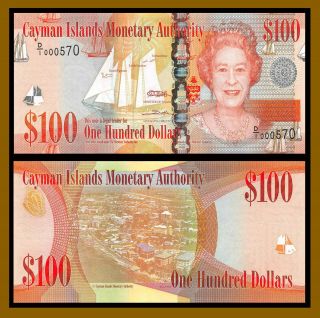 Cayman Islands 100 Dollars,  2010 P - 43 (3 Digit S/n) Sailboat Qe Ii Unc