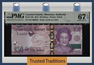Tt Pk 42b 2014 Cayman Islands 50 Dollars Queen Elizabeth Ii S/n 833 Pmg 67 Epq