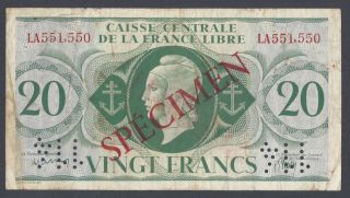 Caisse Centrale De La France Libre 20 Francs L.  1941 P12s Specimen Very Fine
