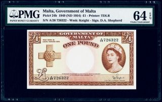 £1 1949 Malta,  Government Of Malta Pmg 64 Epq Choice Uncirculated " Young Qe Ii "