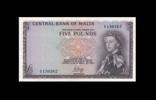 1967 Central Bank Of Malta 5 Pounds Rare ( (aunc))
