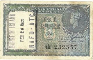 British India 1 Rupee O/p Bahrain N.  A.  F.  D.  Banknote 1940