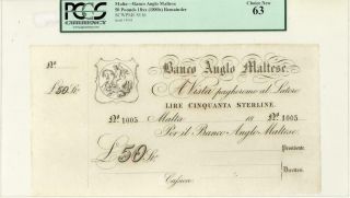 Malta Banco Anglo Maltese 50 Pounds Banknote Ca 1880 Pcgs 63 Cu