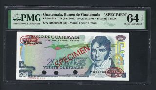 Guatemala 20 Quetzales Nd (1972 - 88) P62s Specimen Tdlr Uncirculated Graded 64