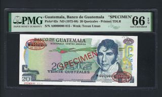 Guatemala 20 Quetzales Nd (1972 - 88) P62s Specimen Tdlr Uncirculated Graded 66