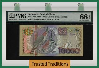 Tt Pk 153 2000 Suriname Centrale Bank 10000 Gulden Bird Pmg 66 Gem Uncirculated