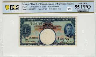 Malaya 1941 1945 1 Dollar Pcgs Banknote Certified Au 55 Ppq Pick 11
