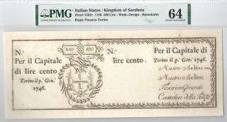 Italian States,  Kingdom Of Sardinia,  100 Lire,  1746,  Pmg Choice Unc - 64