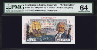 Martinique 5 Francs 1947 - 49 Specimen Pmg 64 Choice Uncirculated P - 27s 00000000