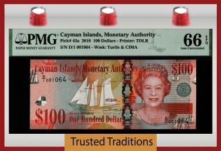 Tt Pk 43a 2010 Cayman Islands 100 Dollars Queen Elizabeth Ii Pmg 66 Epq Gem Unc