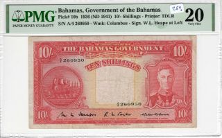 Bahamas 1936 1941 10 Shillings Pmg Certified Banknote Very Fine Vf 20 10b Tdlr