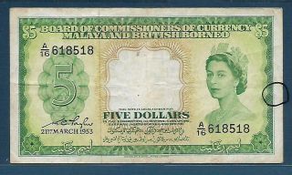 Malaya And British Borneo 5 Dollars,  1953,  P 2,  Vf With Split