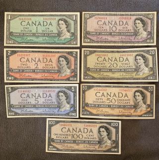 1954 Set Of 7 $1 $2 $5 $10 $20 $50 $100 Bank Of Canada Notes