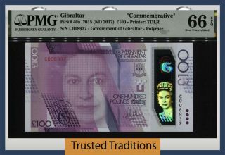 Tt Pk 40a 2015 Gibraltar 100 Pounds Queen Elizabeth Ii Commemorative Pmg 66 Epq
