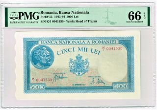 Romania: Banca Nationala 5000 Lei 28.  9.  1943 Pick 55 Pmg Gem Uncirculated 66 Epq.