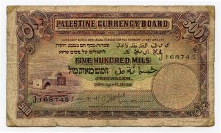 Palestine 1939 Issue 500 Mils Banknote Very Scarce.  Pick 6c.