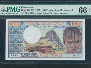 Cameroun:p - 16a,  1000 Francs,  1974 Cameroon Pmg Gem Unc 66 Epq