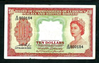 Malaya & British Borneo (p3) 10 Dollars 1953 Qeii
