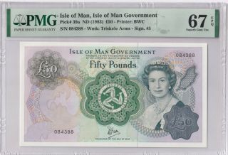 Isle Of Man P 39a 50 Pounds Banknote Pmg 67 Unc Tail Number 88