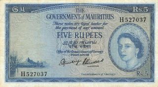 Mauritius 5 Rupees Nd.  1954 P 27 Series H Rare Circulated Banknote An12