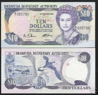 Bermuda 10 Dollar P - 36 1989 Low Serial Queen Bird Shell Unc Money Bil Banknote