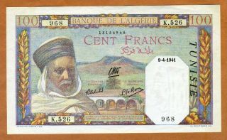 Tunisia,  100 Francs,  1941,  P - 13,  Aunc 80 Years Old