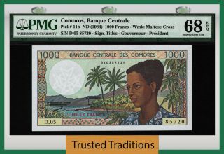 Tt Pk 11b 1984 Comoros 1000 Francs Pmg 68 Epq Gem Stunning Vibrant Colors
