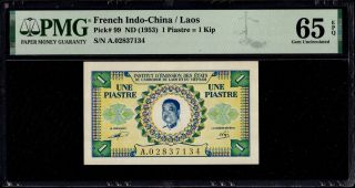 French Indochina / Lao 1 Piastre 1953 Gem Unc Pmg 65epq Pick 99