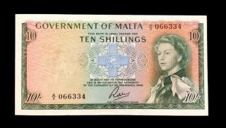 Malta 1949 (nd 1963) - 10 Shillings Banknote - Crisp Au/unc - Rare Grade