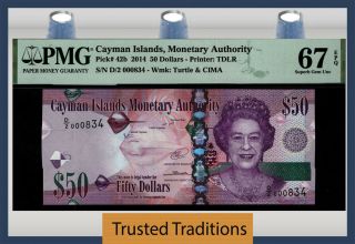 Tt Pk 42b 2014 Cayman Islands 50 Dollars Queen Elizabeth Ii Pmg 67 Epq