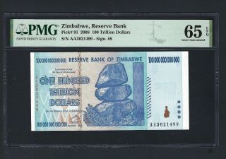 Zimbabwe 100 Trillion Dollars 2008 P91 Uncirculated Graded 65