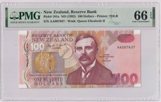 Zealand Low Number Aa Prefix 100 Dollars Pmg 66 Gem Unc Banknote