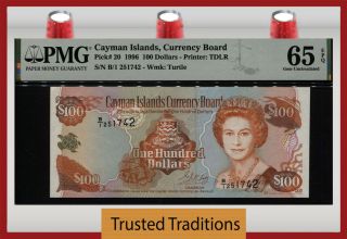 Tt Pk 20 1996 Cayman Islands 100 Dollars Queen Elizabeth Ii Pmg 65 Epq Gem Unc
