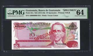 Guatemala 10 Quetzales Nd (1971 - 83) P61s Specimen Tdlr Uncirculated Graded 64