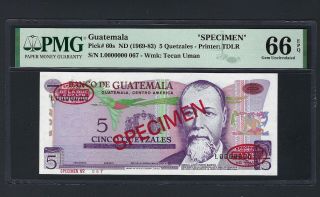 Guatemala 5 Quetzales Nd (1969 - 83))  P60s Specimen Tdlr Uncirculated Graded 66