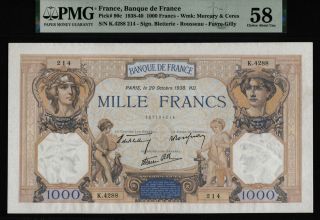 Tt Pk 90c 1938 France Banque 1000 Francs Pmg 58 Choice About An Oversize Beaut