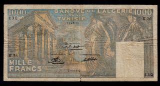 Tunisia 1000 Francs 1950 Pick 29a Fine.