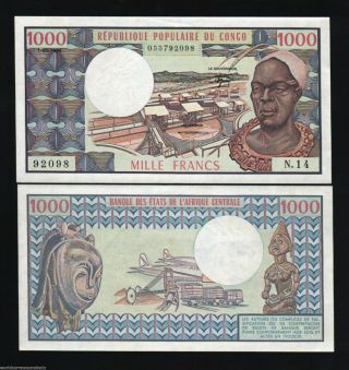 Congo Republic 1000 1,  000 Francs P - 3 E 1984 Airplane Train Bridge Rare Unc Note