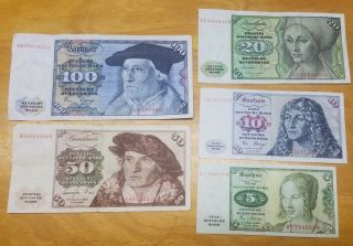 5 German Notes Currency 5 10 20 50 & 100 Mark Notes From 1977 - 1980 F - Vf