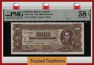 Tt Pk 150 1945 Bolivia Banco Central 5000 Bolivianos Pmg 58 Epq Choice About Unc