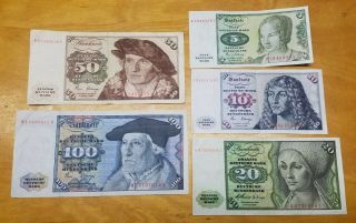 5 German Notes Currency 5 10 20 50 & 100 Mark Notes From 1960 - 1980 Vf - Xf