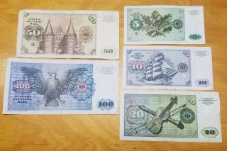5 German Notes Currency 5 10 20 50 & 100 Mark notes from 1960 - 1980 VF - XF 2