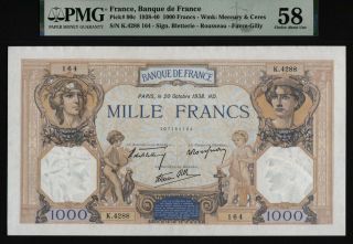 Tt Pk 90c 1938 France Banque 1000 Francs Pmg 58 Choice About An Oversize Beauty