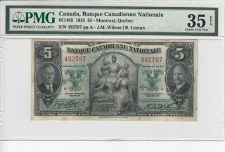 Canada $5 Dollars 1935 Wilson - Leman 851402 S/n432707 - Pmg 35 Choice Vf Epq