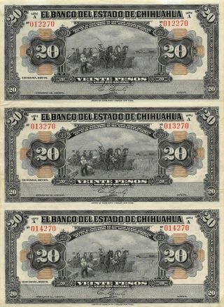 México / Chihuahua 20 Pesos Uncut Sheet Of 3 Series A Uncirculated Banknote