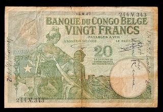 Belgian Congo,  Banque Du Congo Belge 20 Fr,  1937,  P - 10f,  Sh.  Snorter,  F,  Scarce