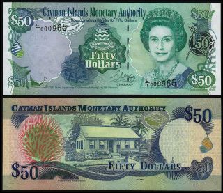 Cayman Islands 50 Dollars (p29a) 2001 Qeii Prefix C/1 000965 Low Number Unc