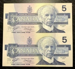 1986 $5 Bank Of Canada Uncut Sheet Of 2 Prefix Anu - Unc,